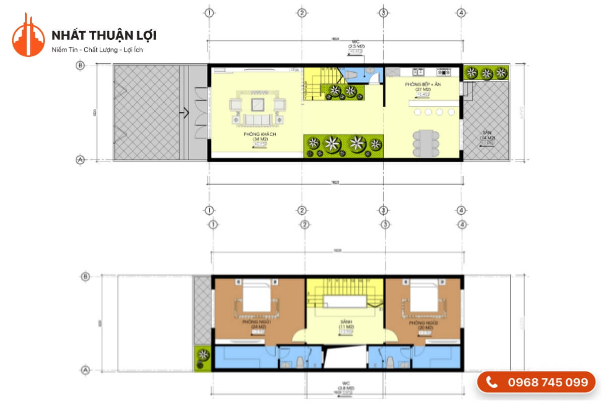 Bản vẽ mặt cắt nhà phố 2 tầng