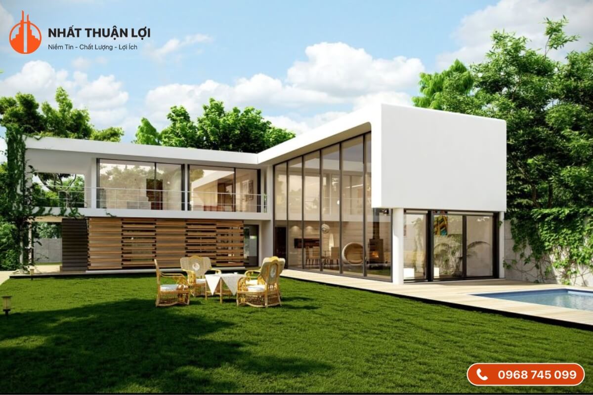 Mẫu nhà 2 tầng 100m2 chữ L cửa kính