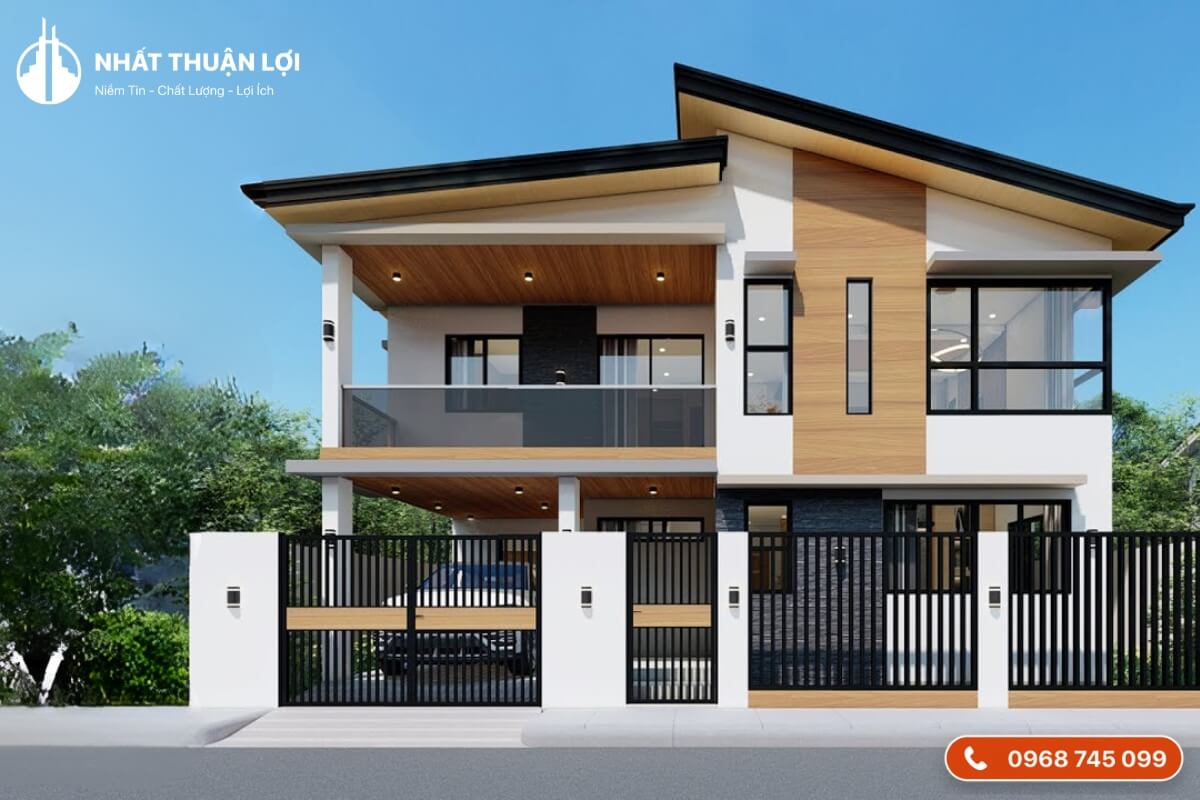 Mẫu nhà 2 tầng 100m2 mái dốc kết hợp mái bằng