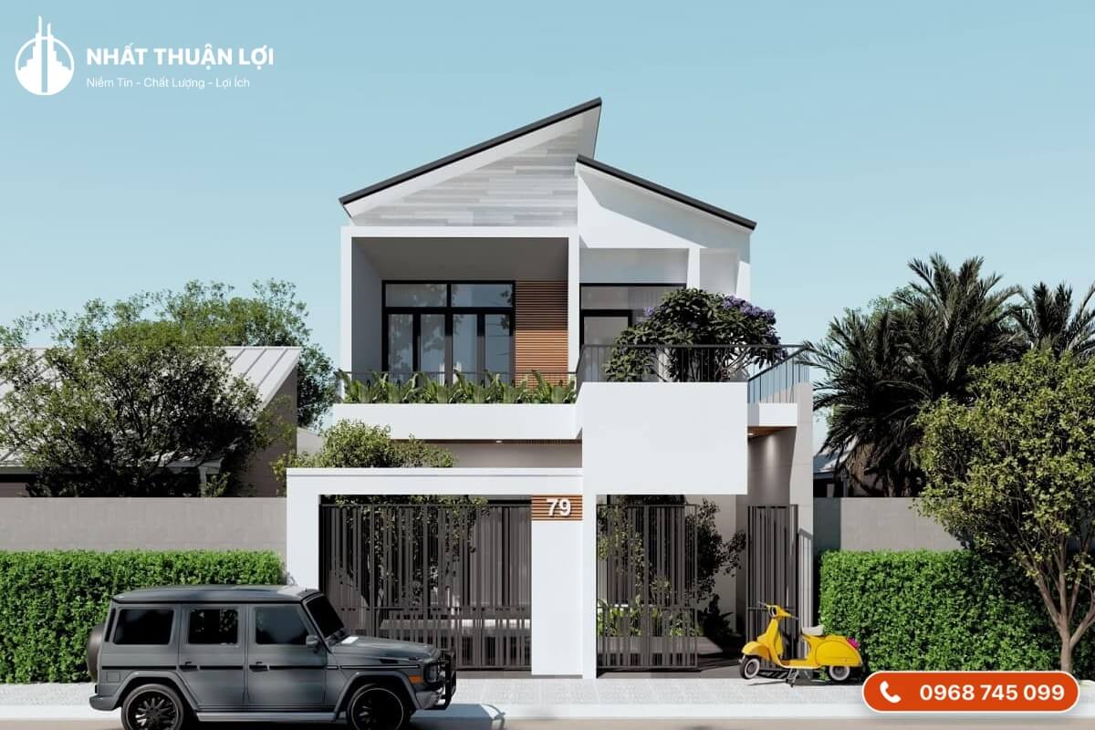 Mẫu nhà 2 tầng 80m2 mái lệch