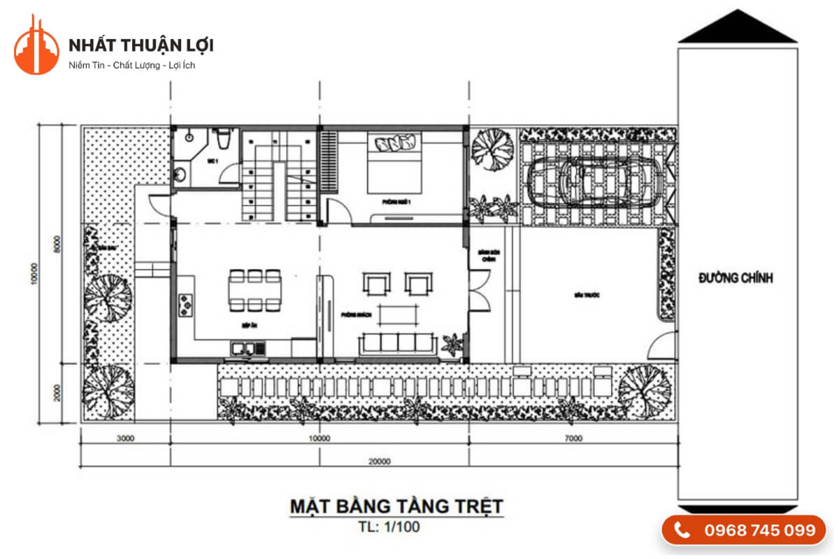 Bản vẽ mặt bằng nhà 1 trệt 1 lầu tầng trệt